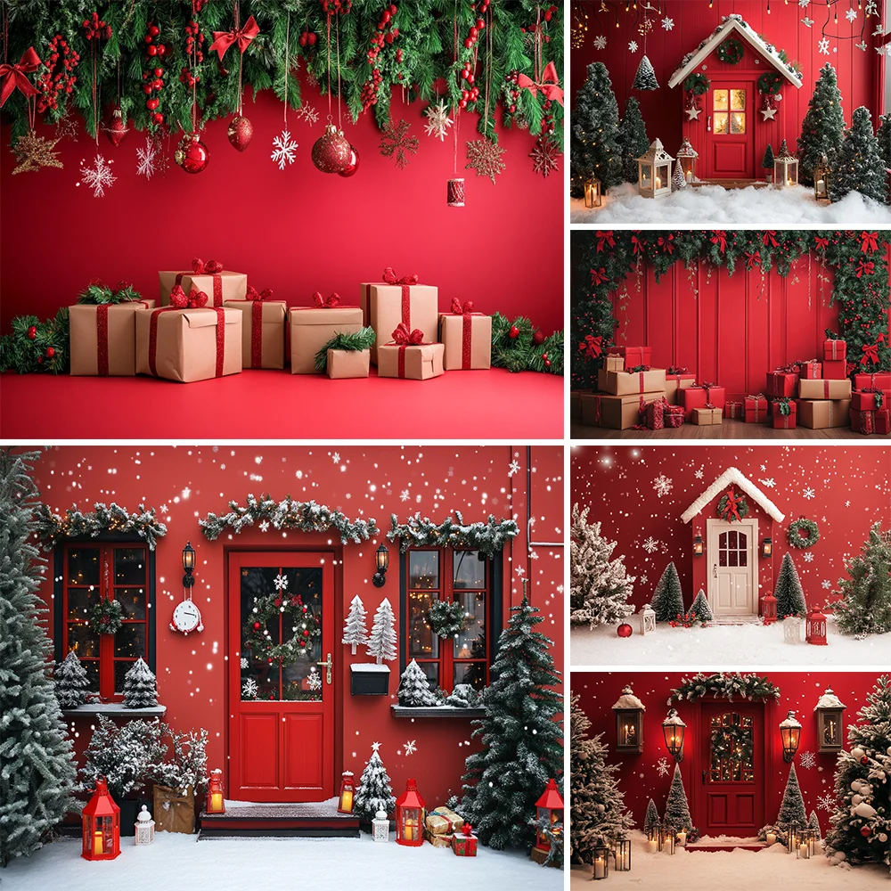 

Red Christmas Photography Backdrop European Vintage Interior Fireplace Xmas Tree Holiday Party Decor Background Festive Portrait
