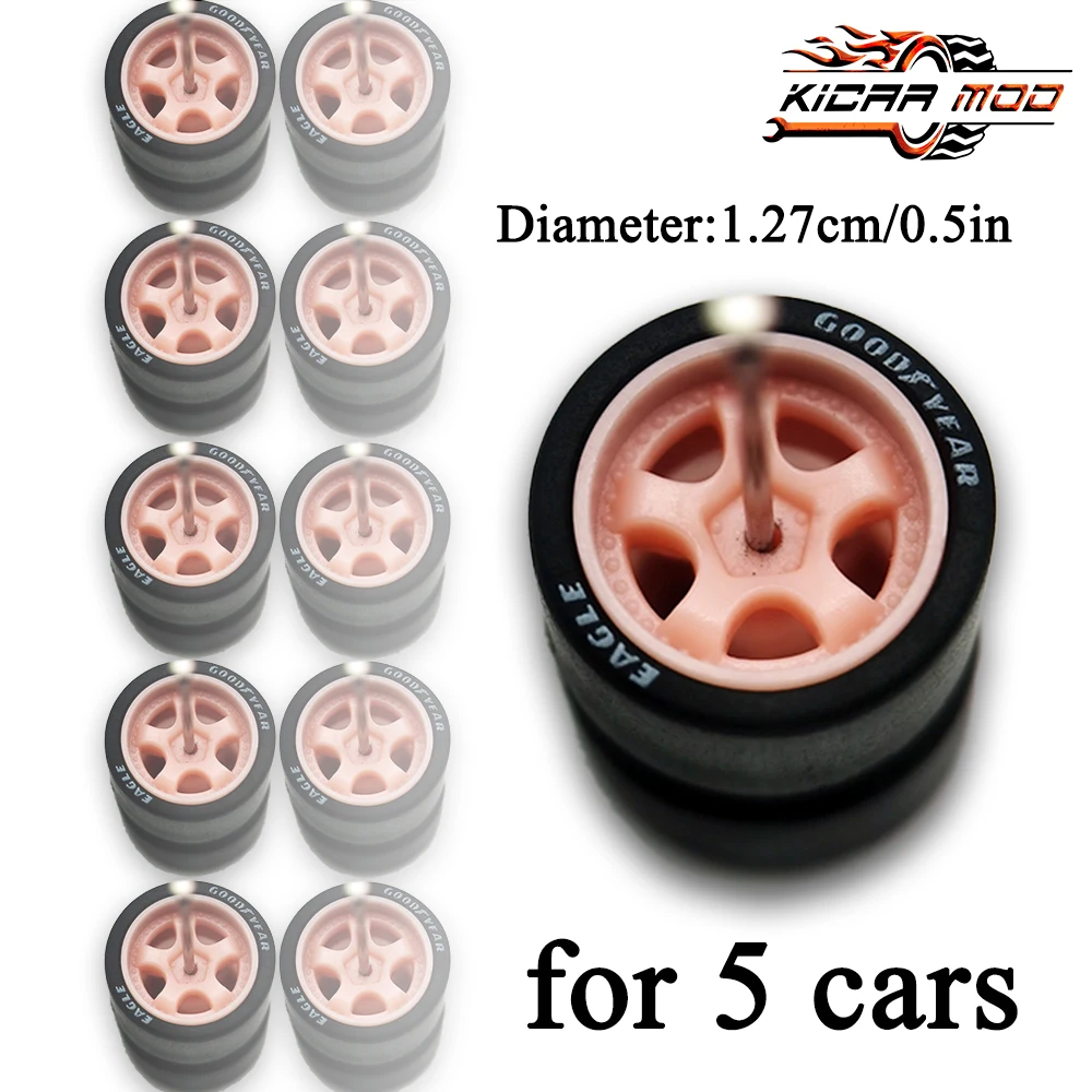 1/64 Wheels with Detachable Rubber Tires Five Spokes 12.7mm for Model Cars Refiting Parts for Hotwheels (5 sets for 5 Cars)