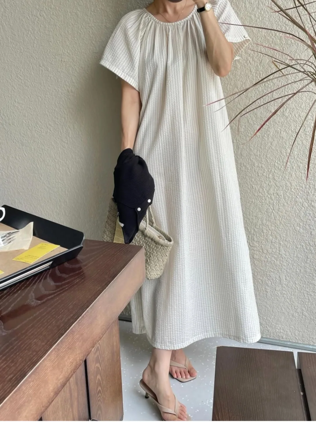 Retro Lazy Sle Pleated Stripe ort Sve Dr Women's Summer New Double ket Long Skirt Commute Polyester Fiber Dr