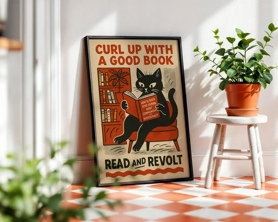 Funny Retro Cat Poster - Vintage-Inspired Political Satire Wall Art, Black Cat Reading Print, Quirky Home Decor, Humor & Protest