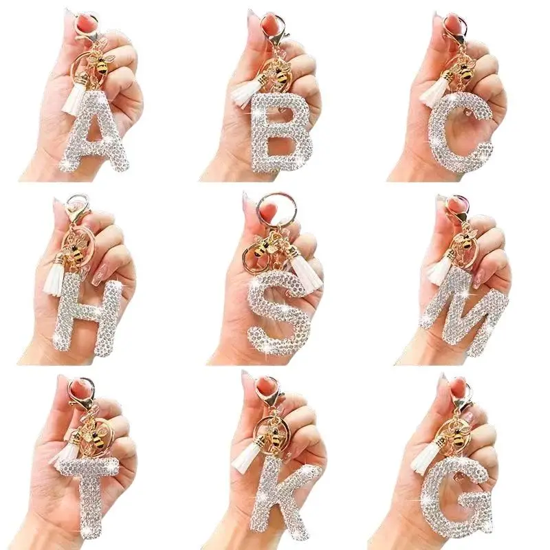 Glitzernder Strass-Schlüsselanhänger mit A-Z-Initialen, niedlicher Bienen-Anhänger, Quasten-Dekoration, personalisierte Geschenke für Autoschlüssel und Taschen – Detail 6