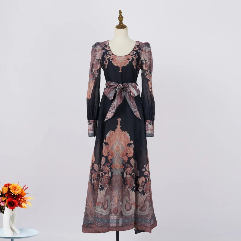 

Платье Real Shot Spot из ткани Шэньчжэньского качества с круглым вырезом и длинными рукавами на шнуровке, утягивающее свободное платье в стиле ретро с цветочным принтом