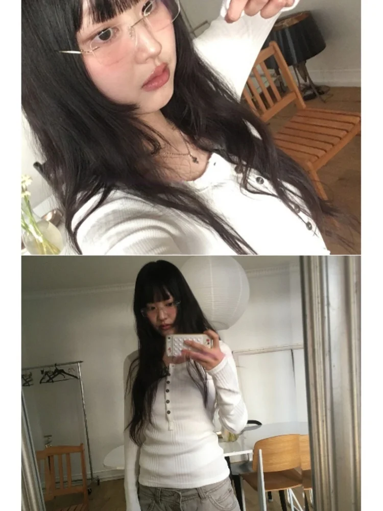 Unique SEI Long Sleeve V Neck T Shirt Base Shirt Slim Fit Korean Style Inner And Outer Wear Versatile Shoulder Level Top