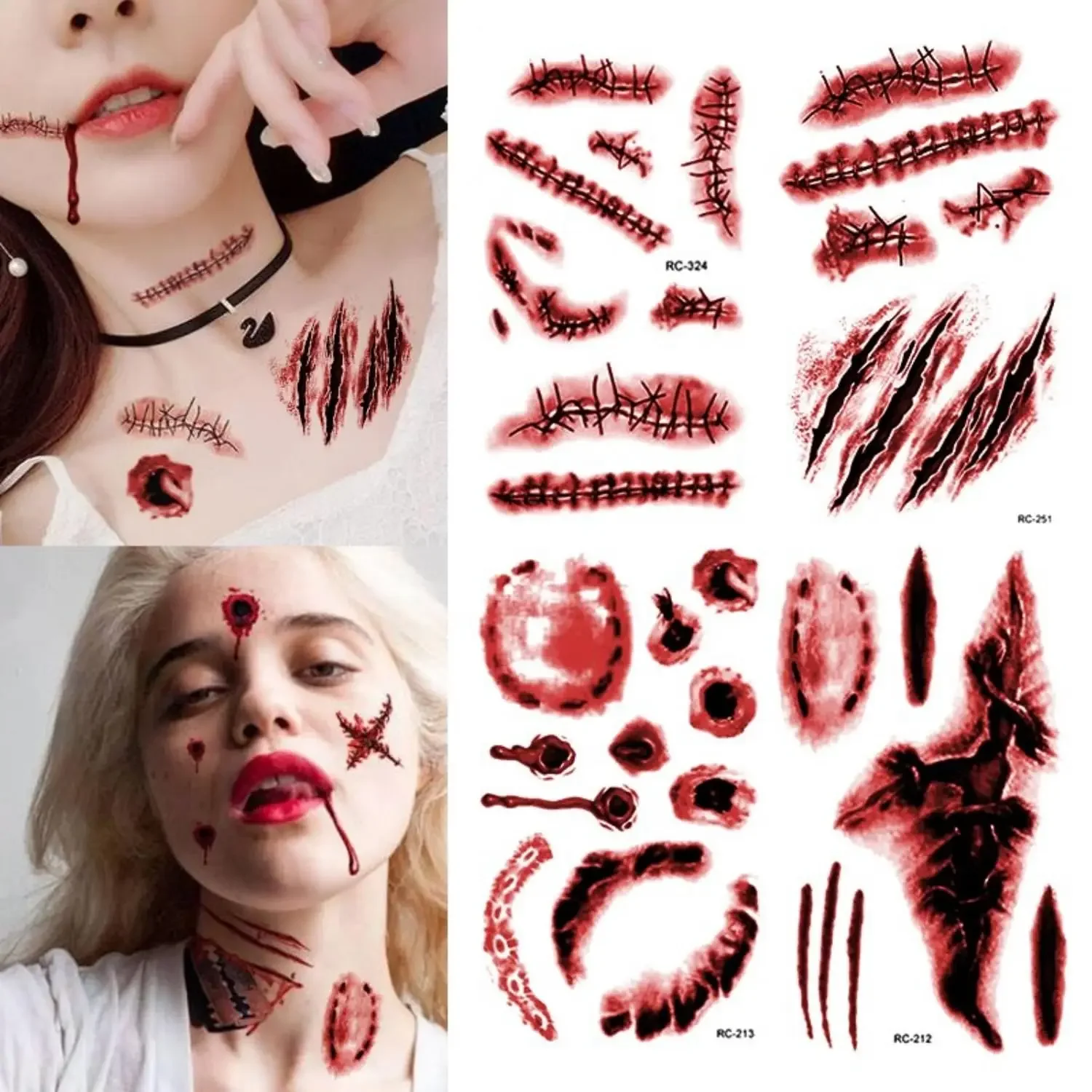 Spooky Horror Realistic Fake Bloody Wound Stitch Scar Scab Waterproof Temporary Tattoo Sticker Halloween Prank Makeup Props