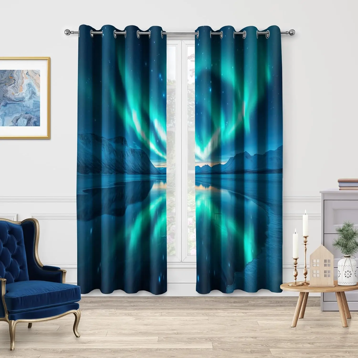 Modern Aurora Borealis Northern Lights Curtains Galaxy Space Window Treatment Panel Blue Dreamy Sky Backdrop Home Decor Living R