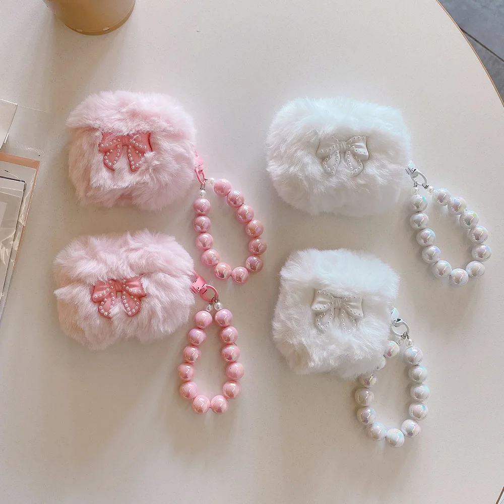 Cute Autumn Winter Plush Warm Case Pink White 3D Pearl Bow Bracelet For Apple Airpods 1 2 3 Pro Earphone Charging Box Cover Gift