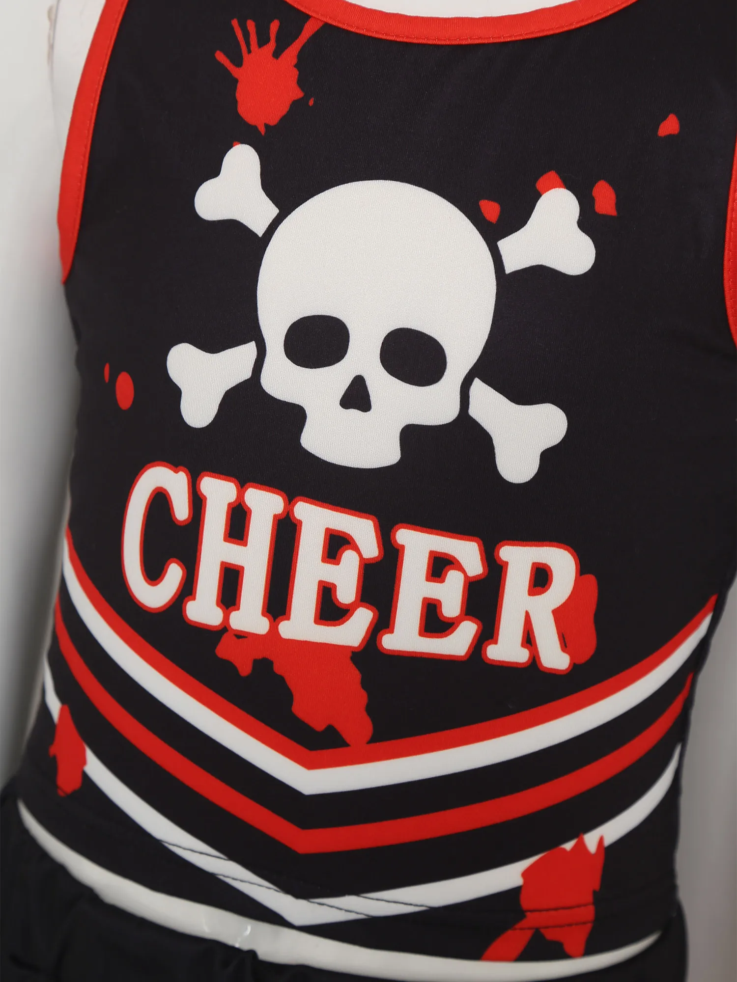 Crianças meninas uniforme de líder de torcida traje de líder de torcida roupas de dança de alegria crânio impressão em torno do pescoço sem mangas superior saia plissada