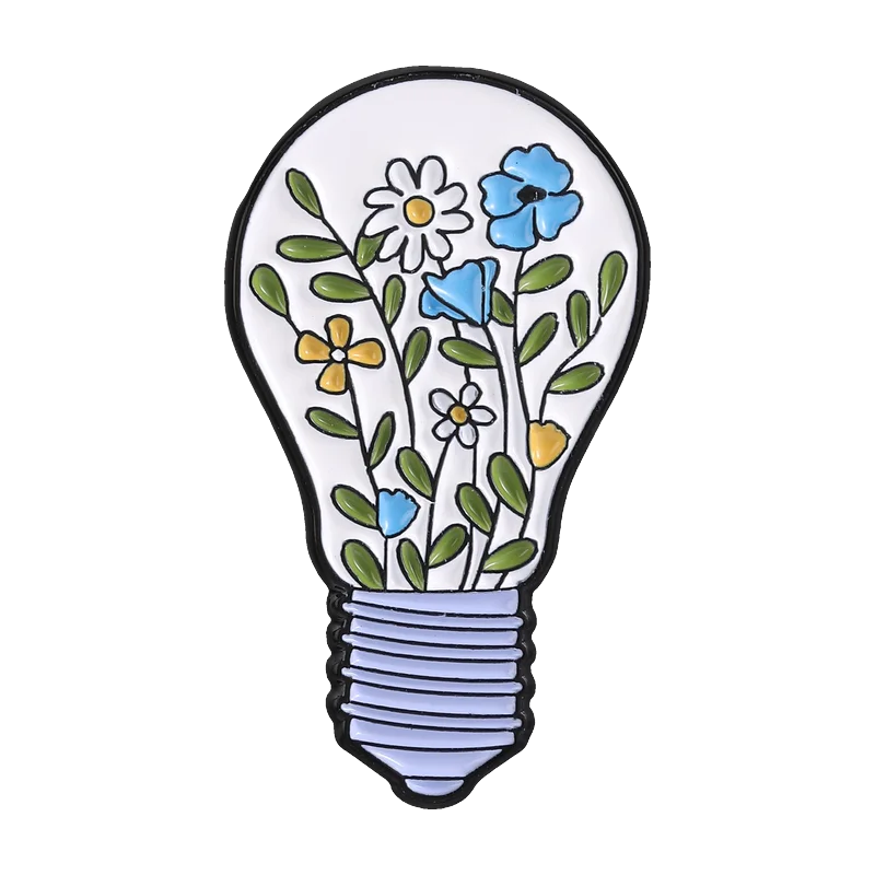 Light Bulb Flower Enamel Pin Creative Artistic Bulb Filled With Blue Yellow White Flowers Brooch Bag Clothes Badge Jewelry Gifts