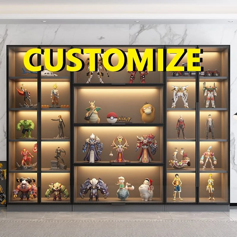 Any Size Custom Tempered Glass Display Cabinet LED Light Large Capacity Layered Storage Aluminum Frame Collectible Figurine Home