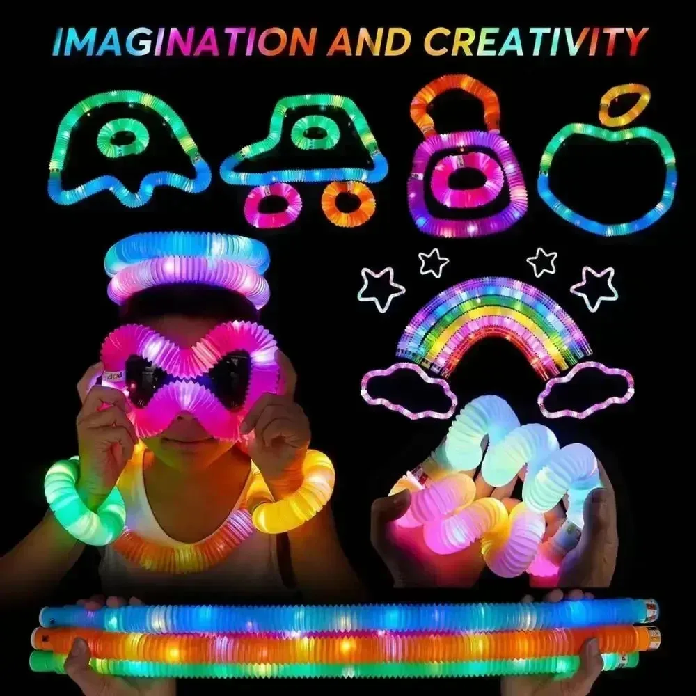 6-30Pcs/Pack PopTubes Lighted LED for Adult Kids Stress Relieve Toys Plastic Bellows Pull Stretch Tube Party Game Squeeze Toys