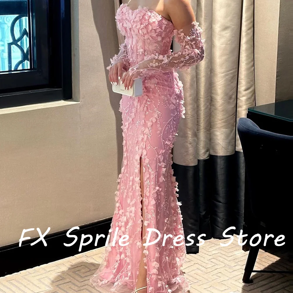 Pink Strapless Off the Shoulder Mermaid Long Sleeves Backless Satin Appliques Lace Beading Elegant Luxury Evening Dress 2024