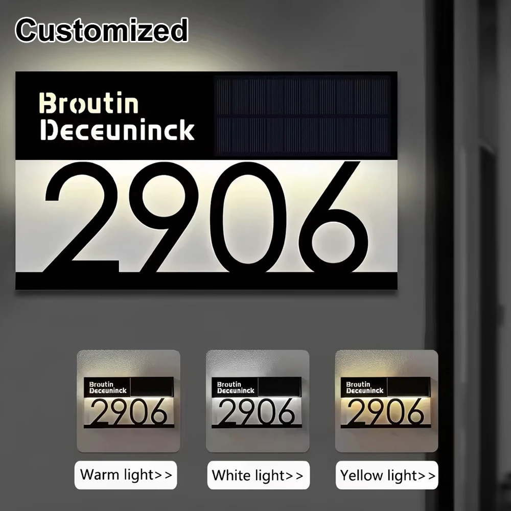 

Индивидуальный 3D уличный солнечный знак с номером дома, светодиодная подсветка, акриловая пластина с лазерной резкой, персонализированный внешний семейный адресный знак