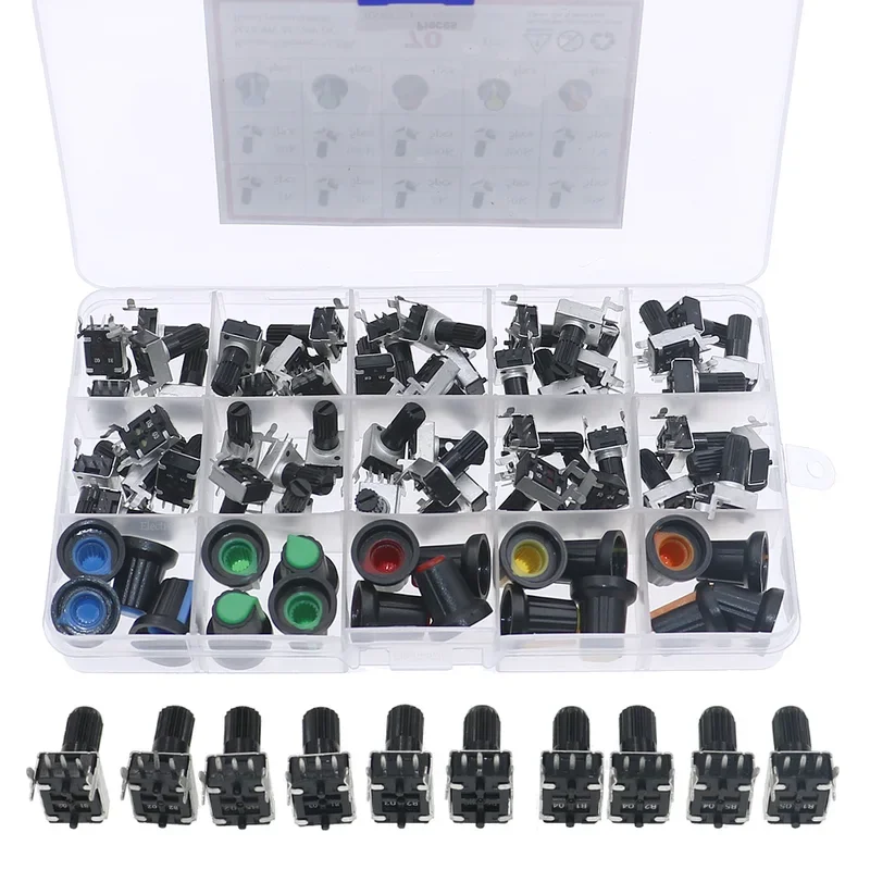 70Pcs 10Value 3Pin RV09 type Horizontal Potentiometer Assortment kit 1K 2K 5K 10K 20K 50K 100K 200K 500K 1M with knobs