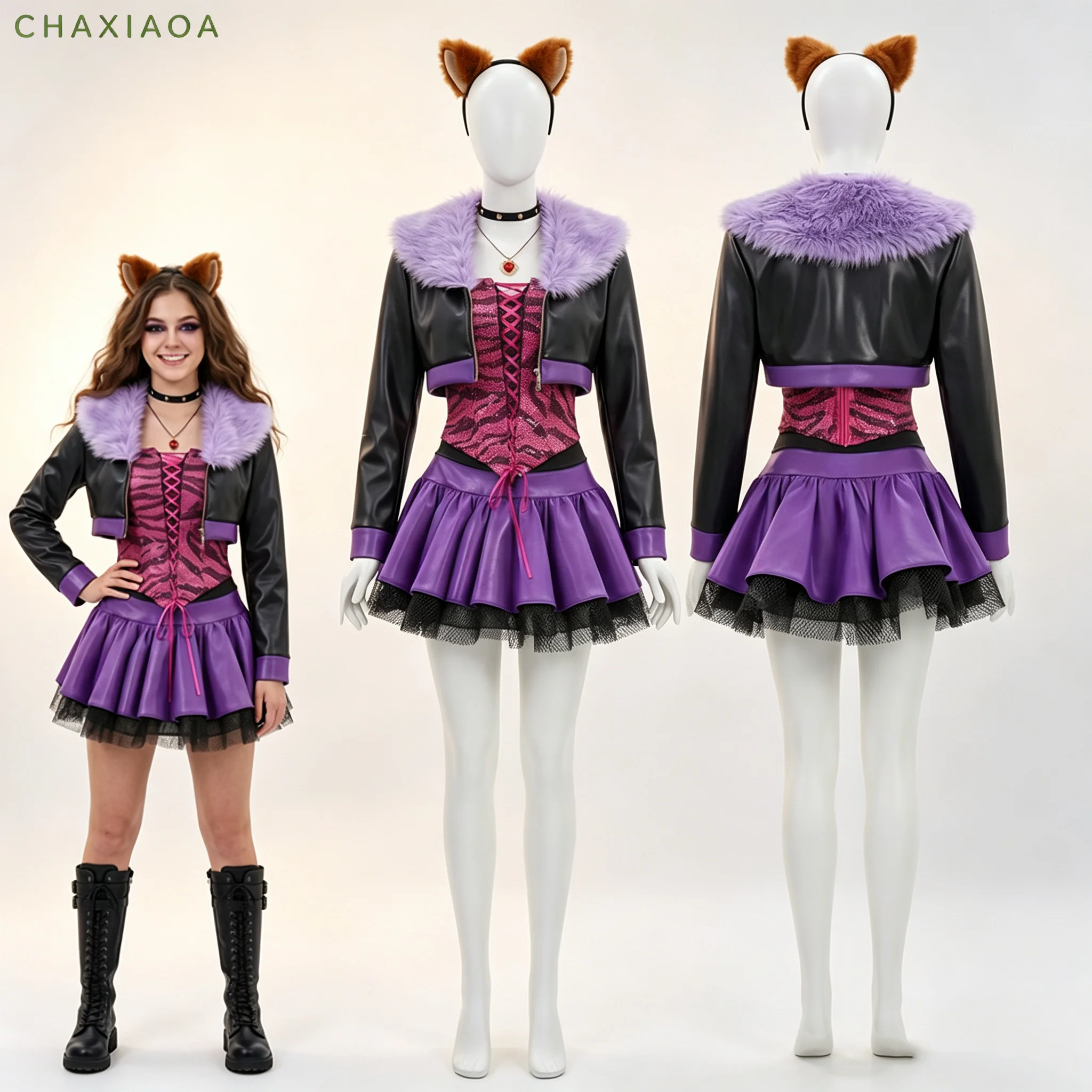 2026 Neues Anime Monster School Clawdeen Wolf Cosplay Kostüm Damen Y2K Gothic Punk Outfit Halloween Karneval Rollenspiel Komplettset