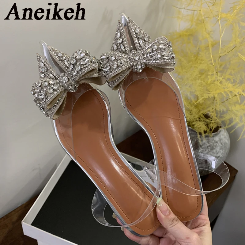 Aneikeh Silvery Transparent Spike Heels Sequin Rhinestone Women Slingbacks Pumps PVC Sexy Pointed Toe High Heels Shoes Ladies