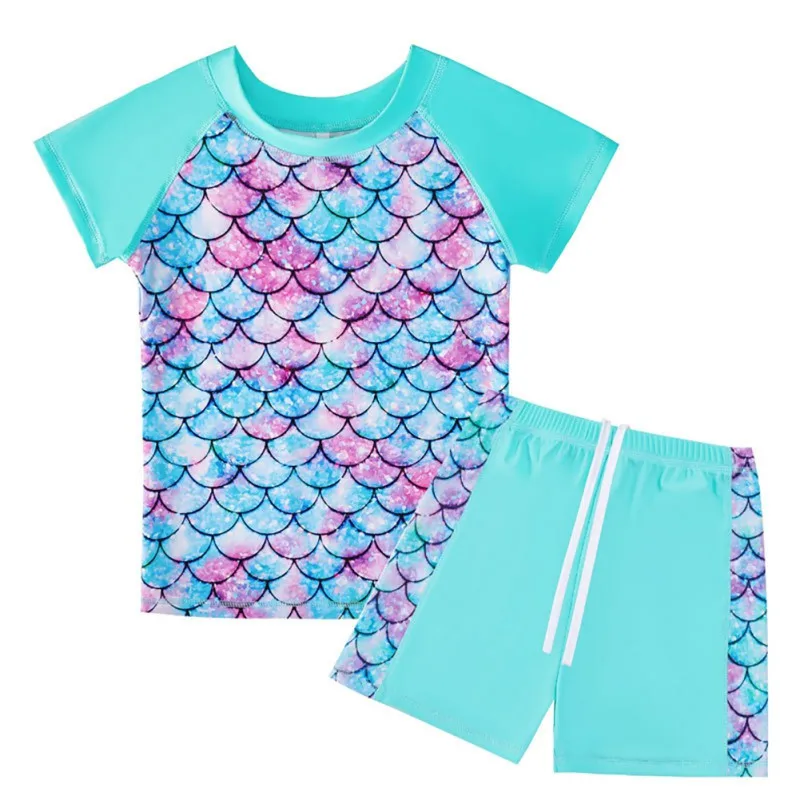 2PCS Fashion Swimming T-shirts Shorts Sets for Kids Girls Summer Cooling UV Protection Short Sleeves Top Shorts Set for Children