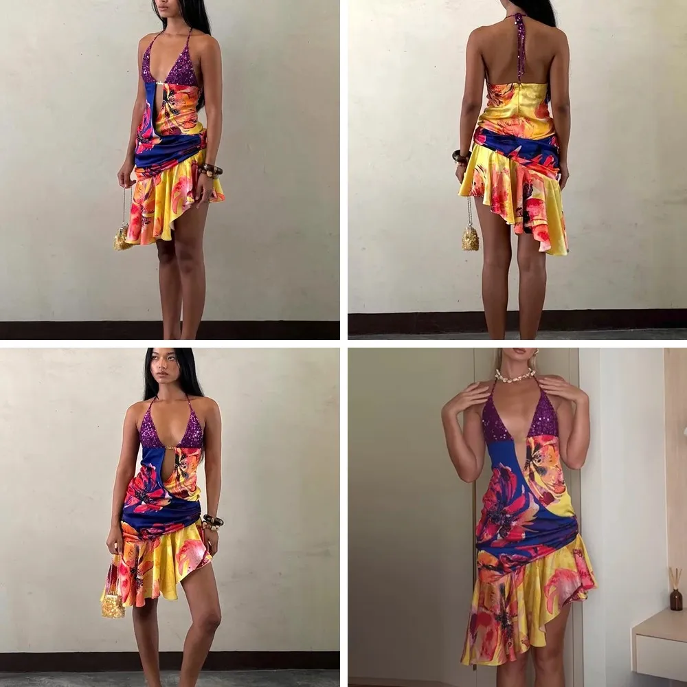 

Sexy Sequin Halter Dress for Women, Off-Shoulder Backless Beach Gown with Ruffle & Pleated Design