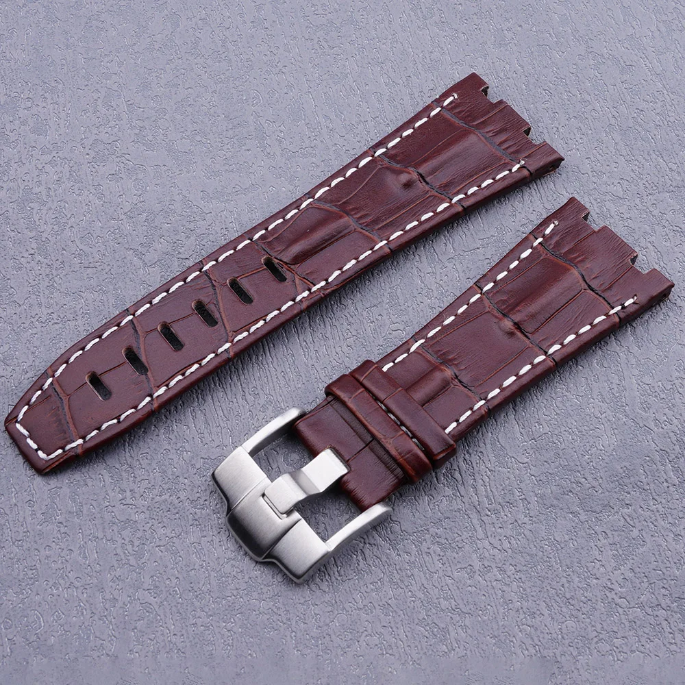 New 28mm Brown Real Leather Handmade Thick Wrist Watch Band Silver Clasp Strap Belt For ROYAL OAK OFFSHORE Audemars Piguet 42mm