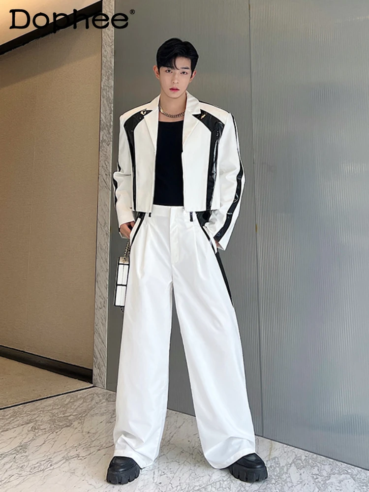 Fashion Trendy Male Men's Sets Men's Handsome Black White Color Contrast Patchwork Suit Jackets Wide Leg Pants Two-Piece Sets