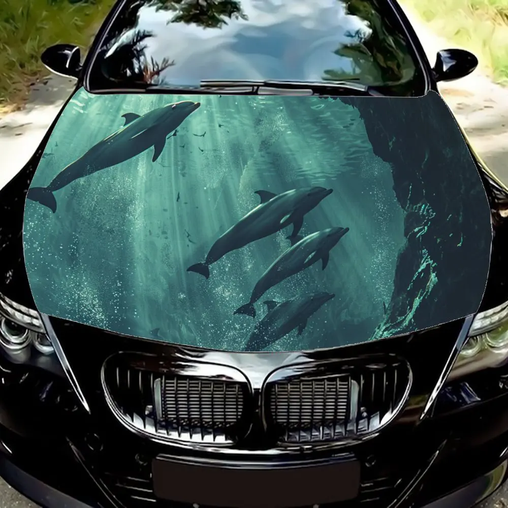 Dolphins Swimming Underwater Print Car Hood Wrap Color Vinyl Sticker Truck Graphic Bonnet DIY Auto Accessories Decor Decal Gift