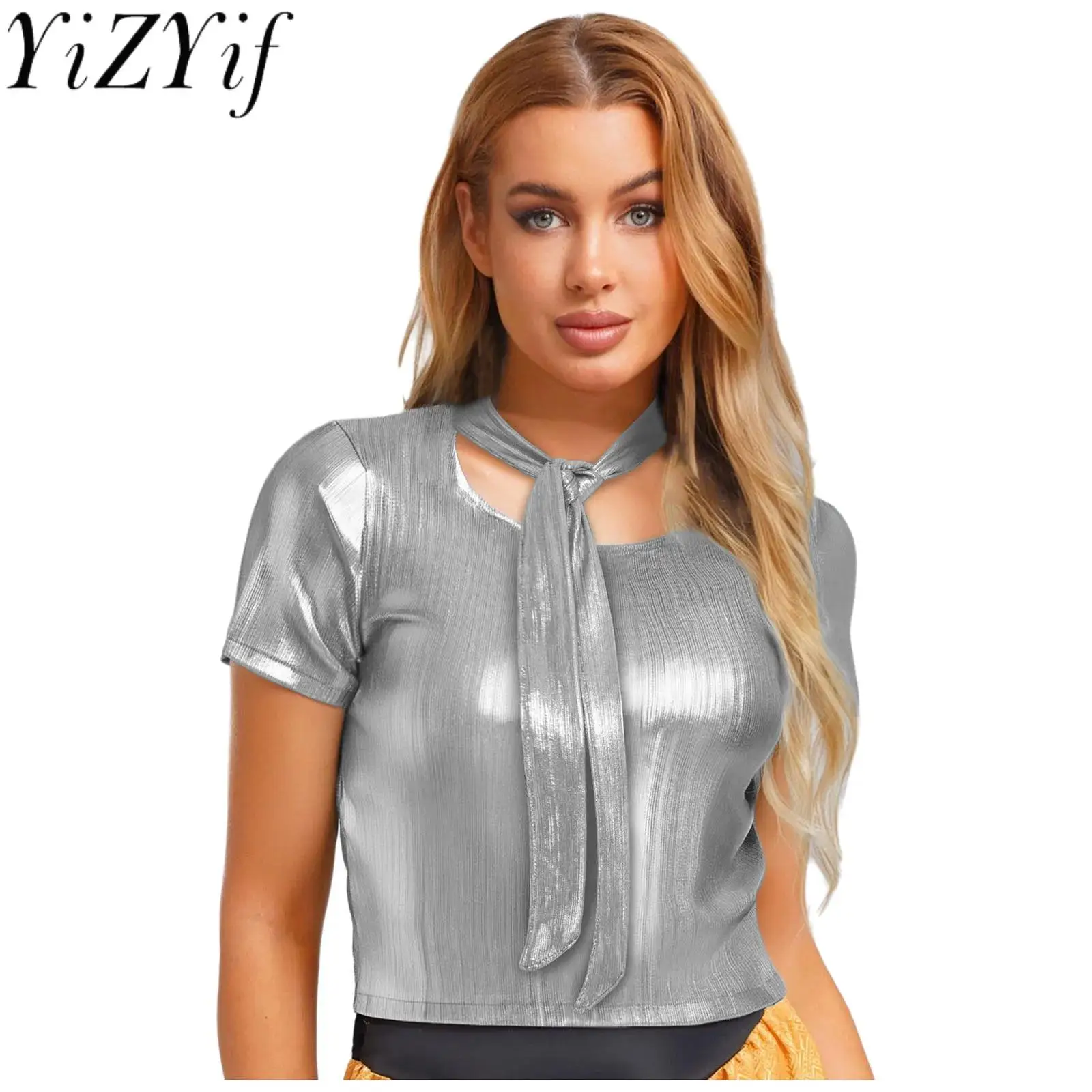 

Women Fashion Metallic Party T-shirt Short Sleeve Front Tied Draping Shirt 80s Disco Club Dance Tops for Music Festivals Tops