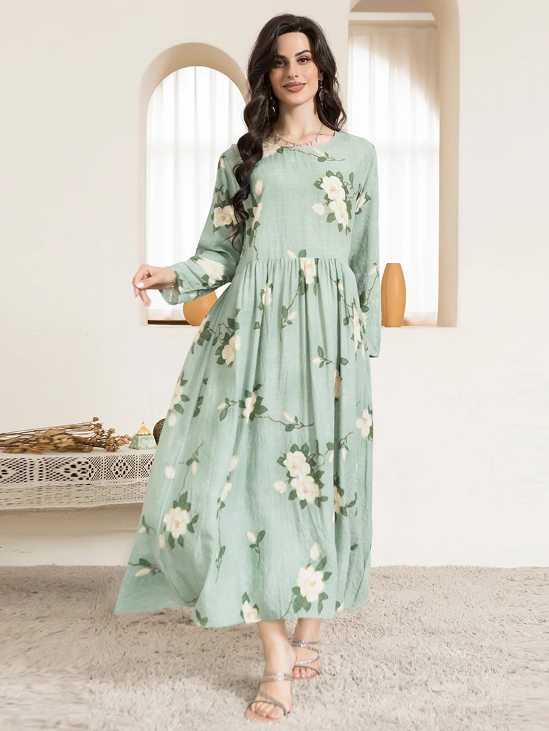 Casual Round Neck Floral Print Wrinkle Spliced Long Dress Mint Green, Women's Stylish Regular Sleeve Spring Fashion