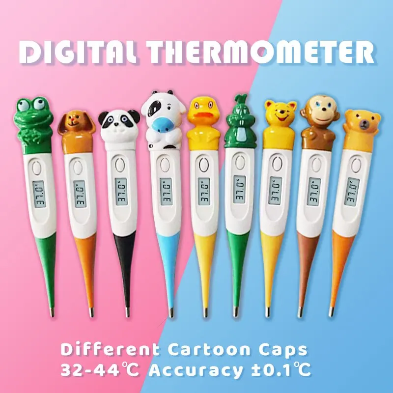 1pc Baby Cartoon Digital Thermometer Oral Armpit Flexible Tip Waterproof Cute Design Frog Cow Rabbit Bear Duck Rabbit Panda Cow