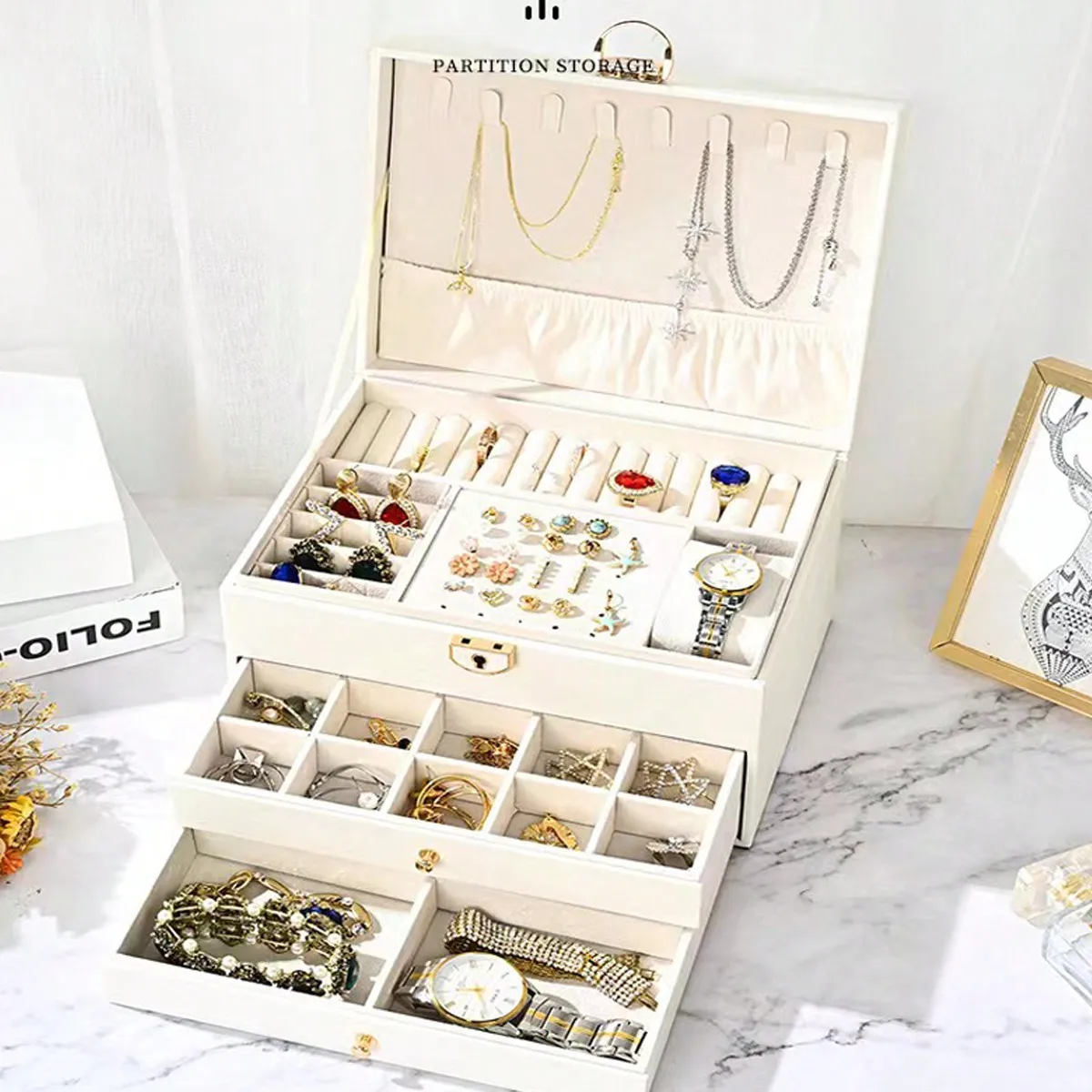 1 Stück 3-lagige Schmuckschatulle aus PU-Leder mit großem Fassungsvermögen: Abschließbare Aufbewahrung für Uhren, Ringe, Ohrringe und Halsketten