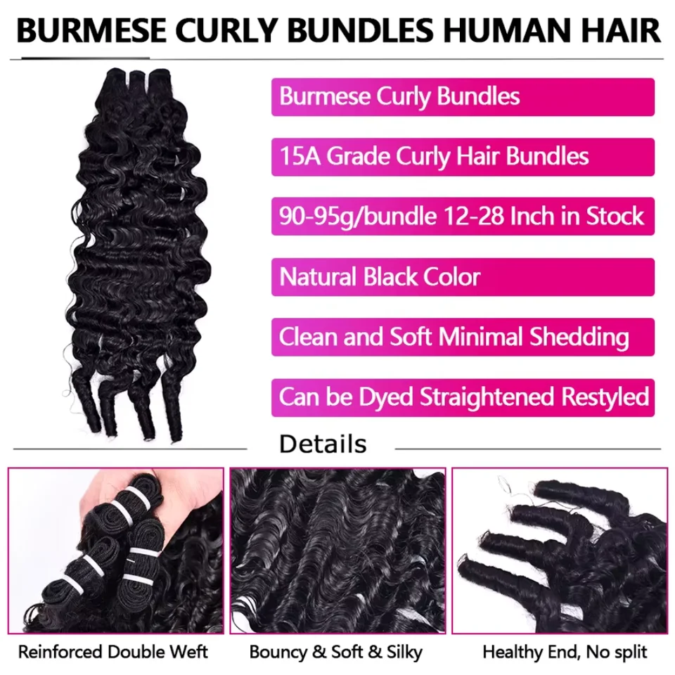 3C4A birmano rizado paquetes cabello humano 100% virgen extensiones puntas rizadas 1/3/4 piezas color natural ofertas 12-28 pulgadas crudo para mujeres lleno y grueso 7
