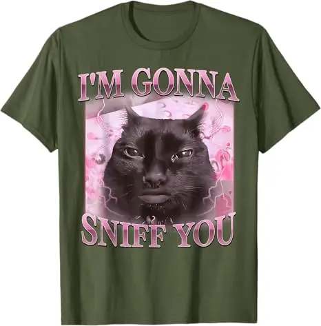 T-shirt divertente vintage con meme gatto 'Voglio annusarti', grafica Y2K, meme gatto scherzoso, maglietta sardonica con frasi divertenti, regalo originale