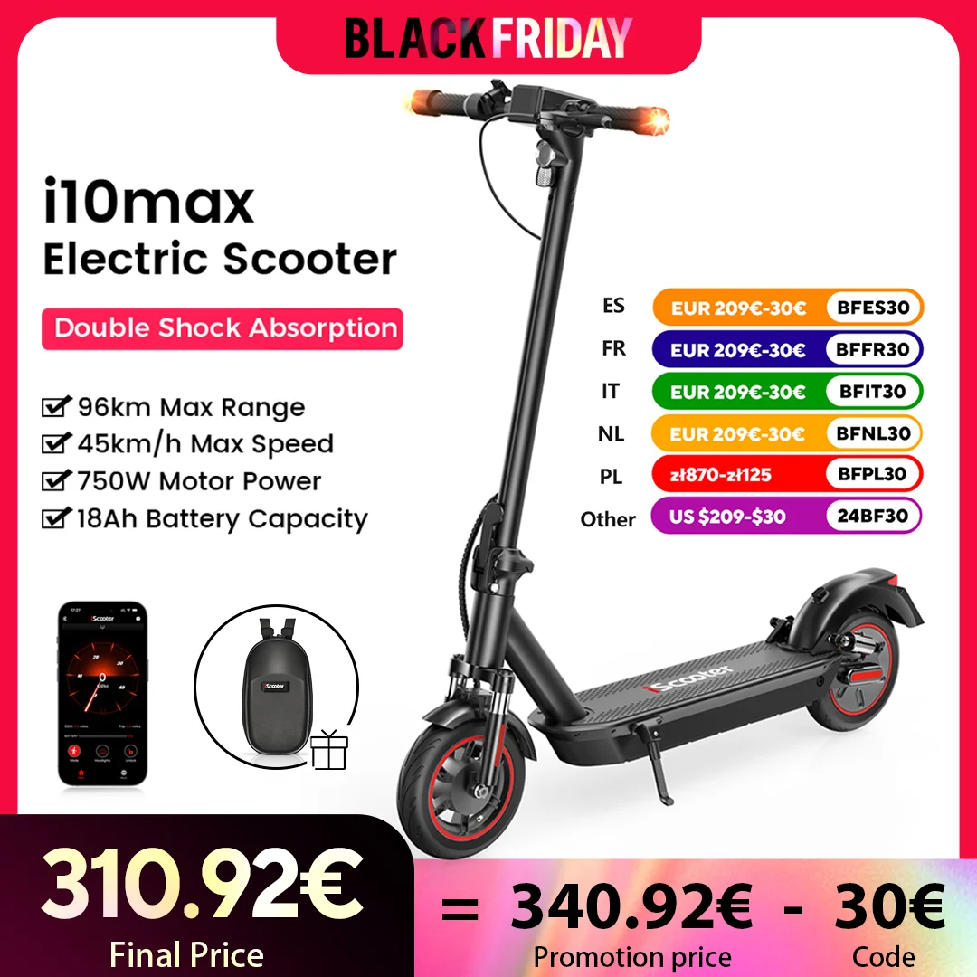 iScooter i10max Electric Scooter 750W 18Ah Powerful Electric Kick Scooter 96km Max Range 45km/h Speed Electric eScooter With APP