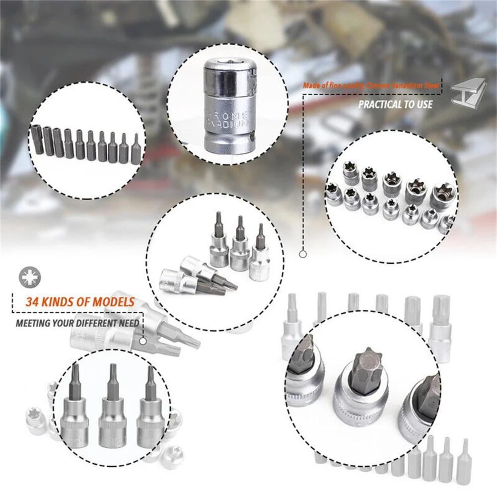 34Pcs Male Female Torx Star Sockets Bit Set 3/8\