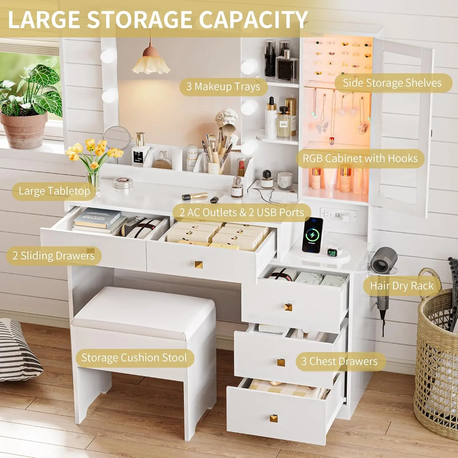 مكتب فانيتي مع مرآة وأضواء، طقم طاولة مكياج مع 5 أدراج تخزين، مخرج طاقة وكرسي، أبيض