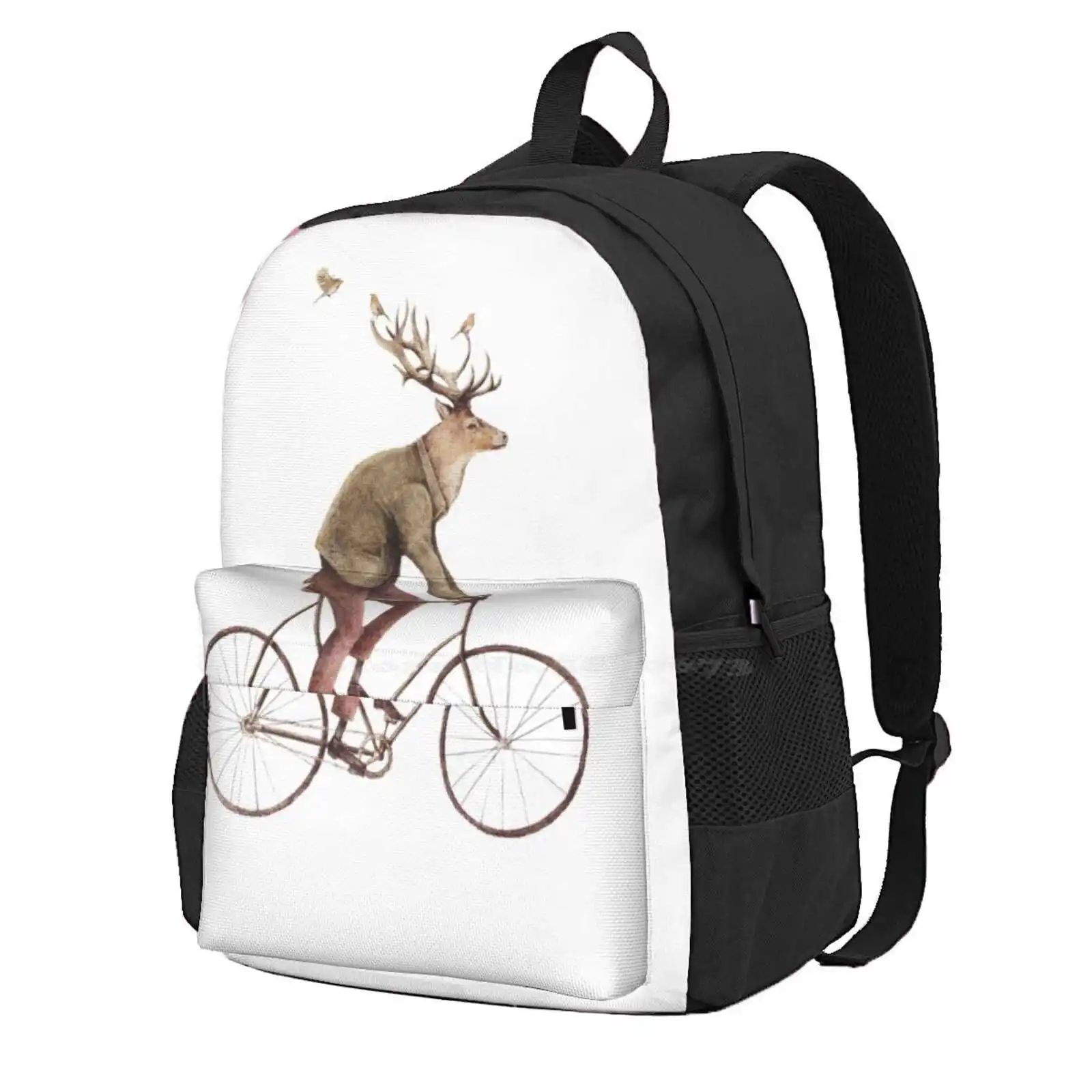 Even A Gentleman Rides Hot Sale Schoolbag Backpack Fashion Bags Wild Animals Retro Vintage Old Jungle Forest Nature Deers Bike