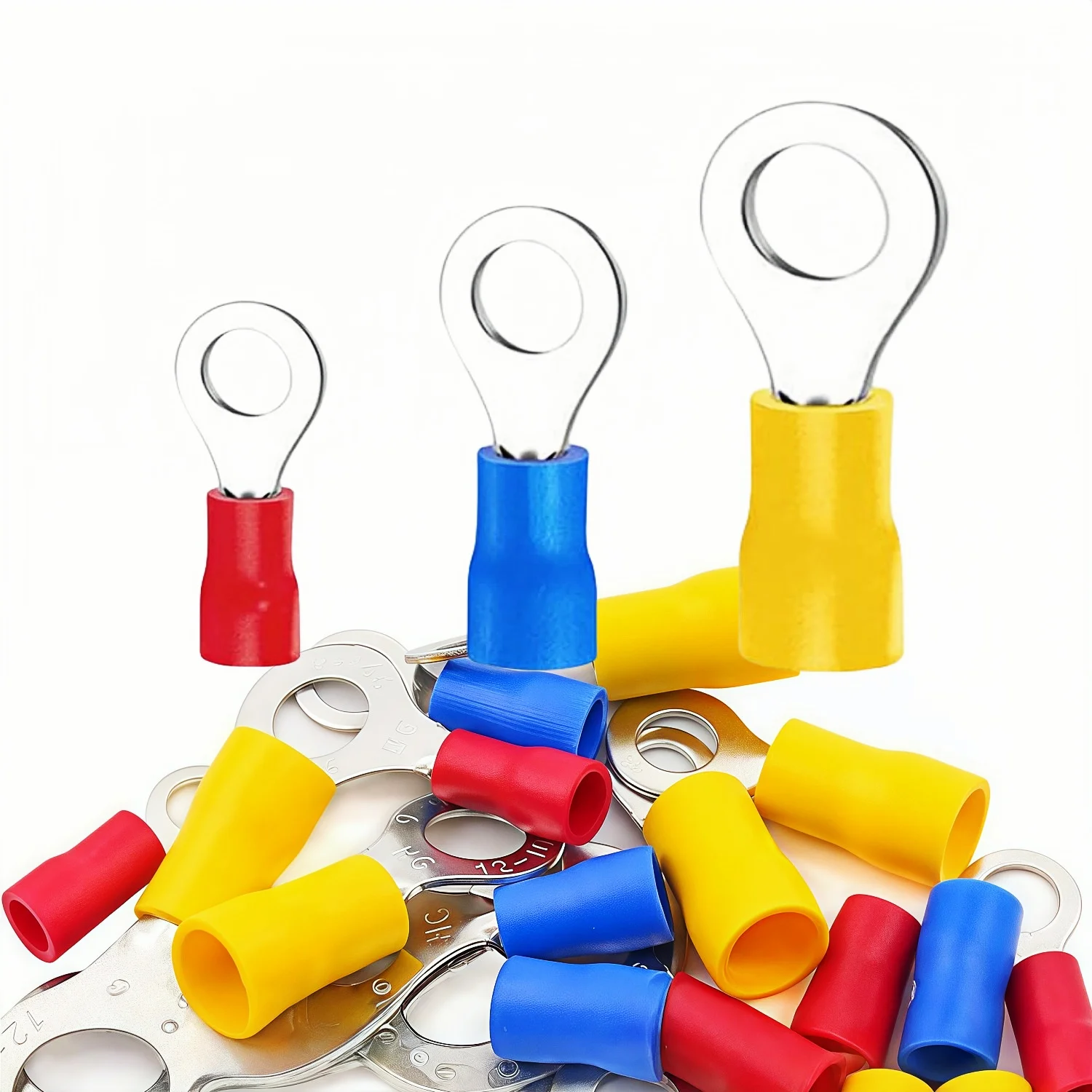 80pcs Ring Terminals Insulated O Ring Crimp Connectors - M4 M6 M8 22-16/16-14/12-11AWG Gauge Electrical Crimp Terminal PVC