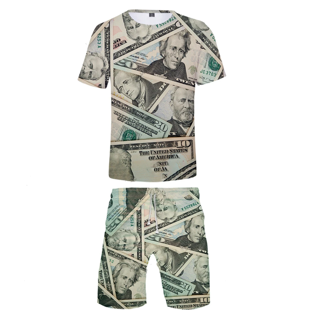 Men Sets Summer United States Dollar 3D Printed Shorts T-shirt Outfits Male Casual Hip Hop Creative Money Shorts 2Piece Suit