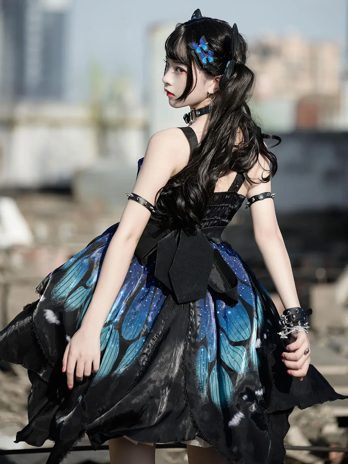 Gothic Lolita JSK Dress Blue Sleeveless Lace Up Ruffles Bow Butterfly Pattern Polyester Casual Lolita Jumper Skirt