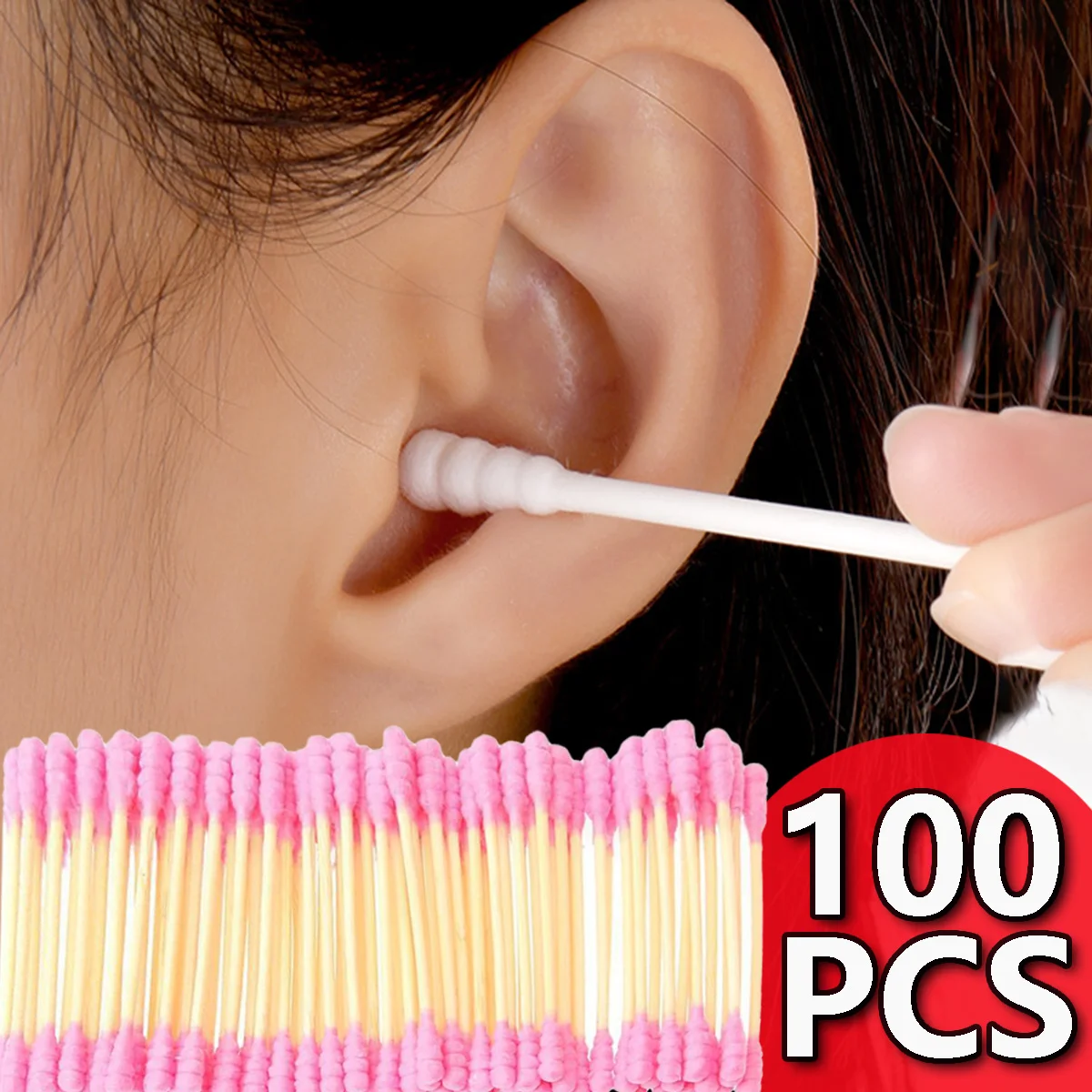 100PCS cute pink high-quality double-headed cotton swab, suitable for effectively cleaning ears and nose, as well as makeup