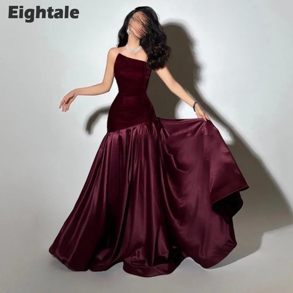 Eightale Velvet Evening Dress for Wedding Party Dark Burgundy Mermaid Dubai Arabic Formal Customized Prom Gowns