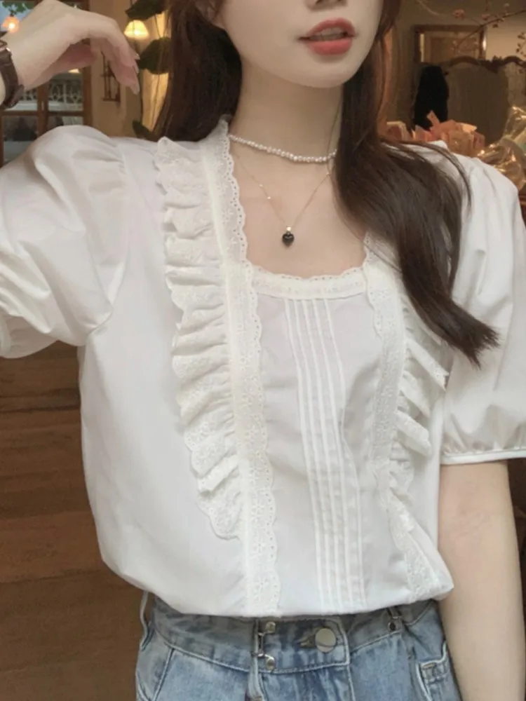 Summer Square Collar T-Shirts Tops Women Sweet Ruffle Pleated Patchwork Fashion Ladies Cropped Blouses Korean Style Woman Tops