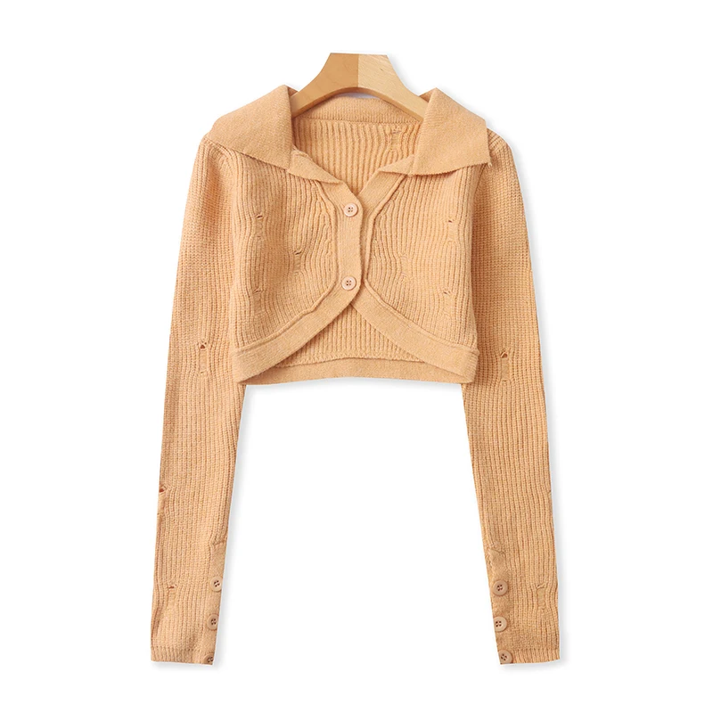 

Faionable Knitted ort Svel Sweater with Hole Long Sve Turn-down Collar Women's Sweet Sweater Spring Autumn New S...