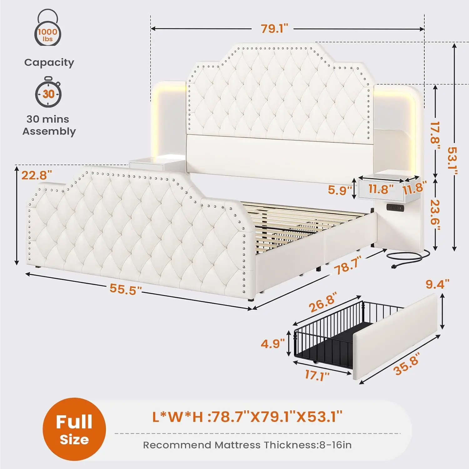 Full Size Bedframe Met 53 "Hoog Hoofdeinde En 4 Opbergladen, Pu-Leer Gestoffeerd Platform Bedframe