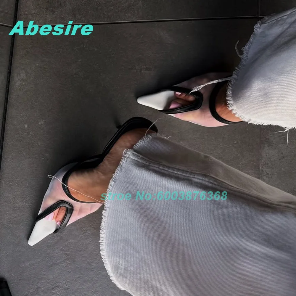 

White Mesh Transparent Peep Toe Mules Black Faux Leather Pointed Toe Stiletto Heel Women's Slippers Slip-On Summer Party Shoes