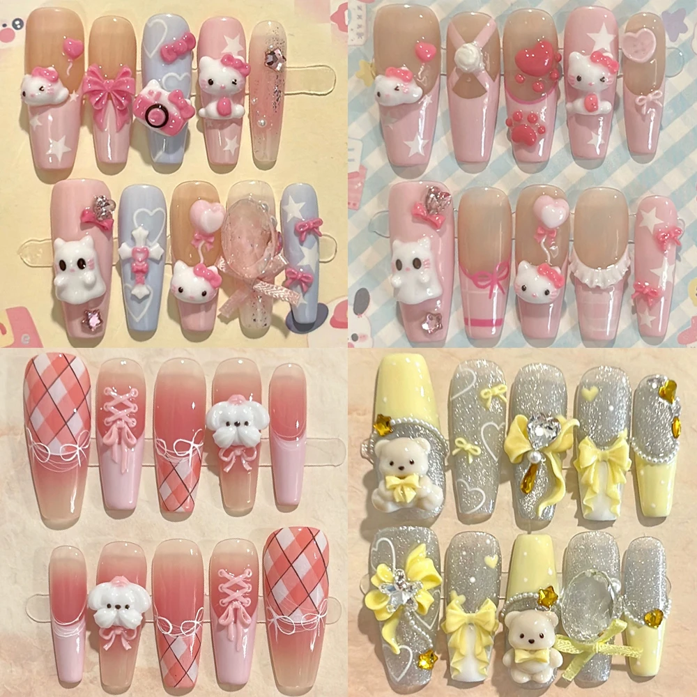 

10Pcs Sweet Cute Cartoon Sanrio Hello Kitty Artifical Press On Nails Kawaii Animals Pig Bear Dog Long Coffin Wearable False Nail