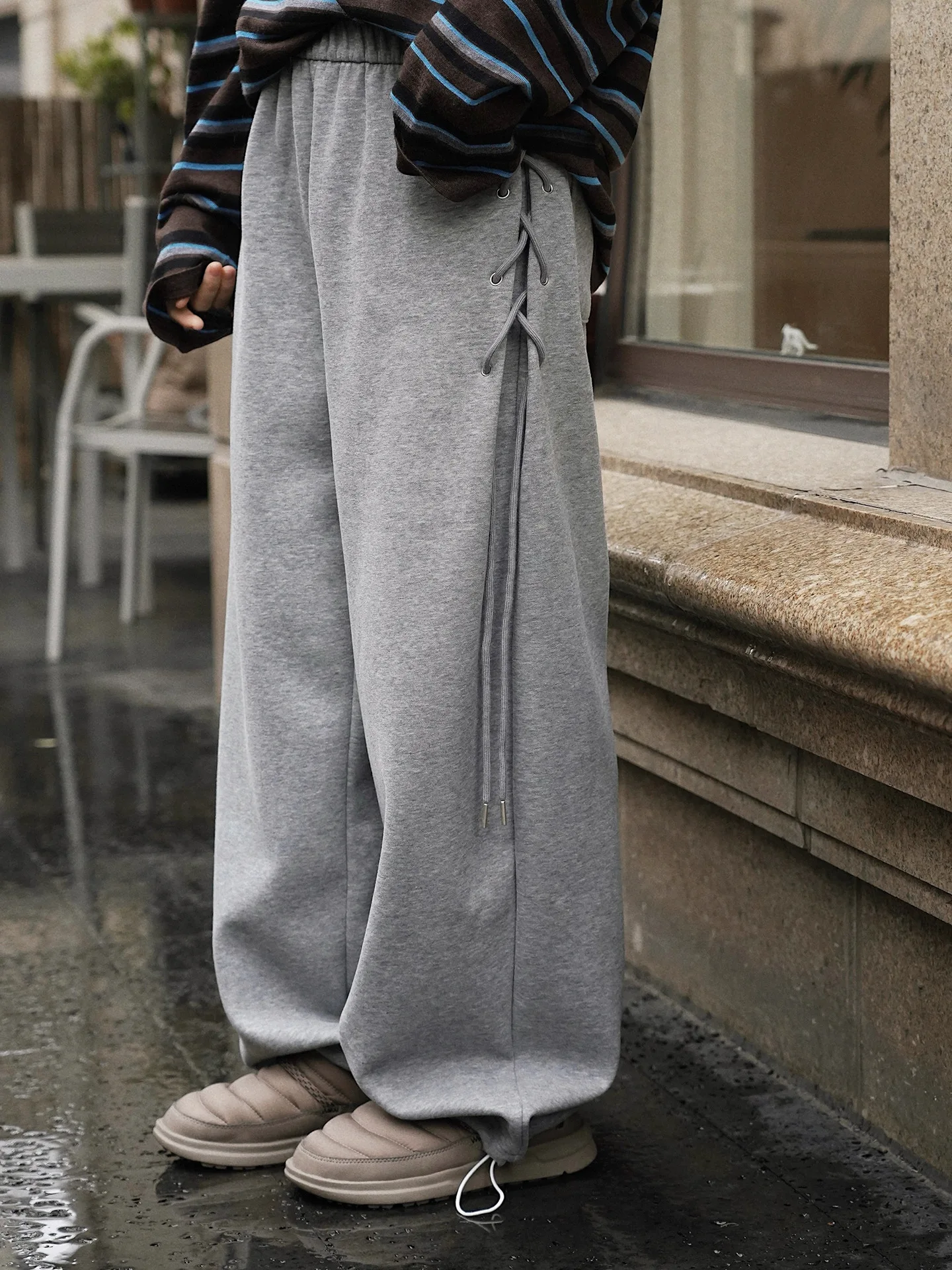 Spring fashion design sense, elastic high waisted side strap casual pants, loose wide leg pants for women
