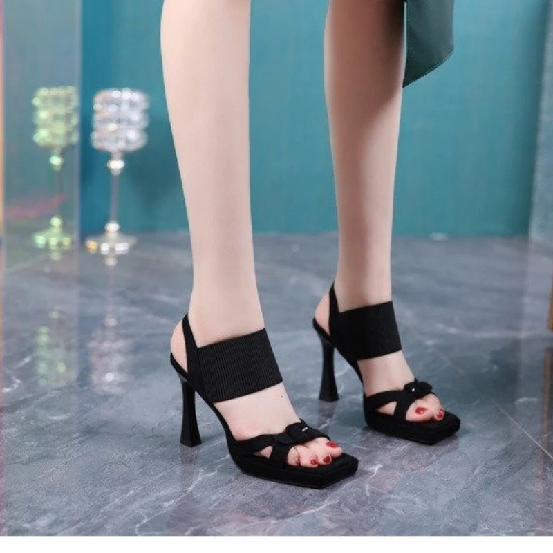 Shoes for Women 2023 Fashion Elastic Band Women\'s Sandals Summer Heeled Sandals Square Toe Shoes Ladies Zapatillas De Mujer