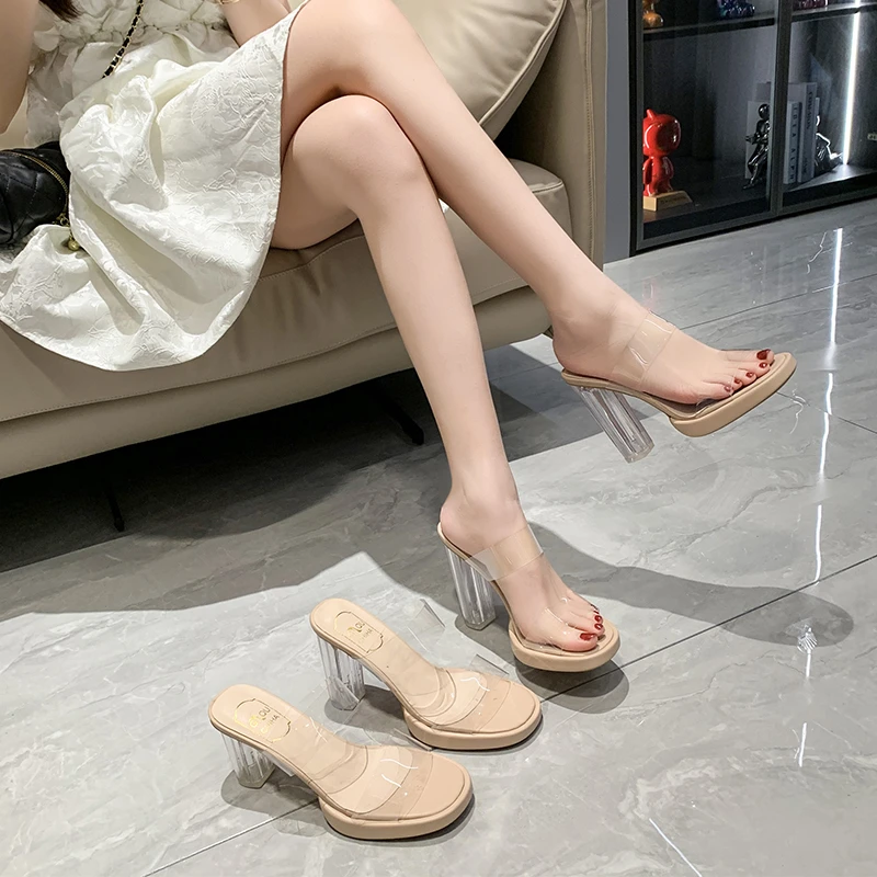 Summer Women Pumps Sandals PVC Jelly Slippers Open Toe High Heels Women Transparent Perspex Slippers Shoes Heel Clear Sandals