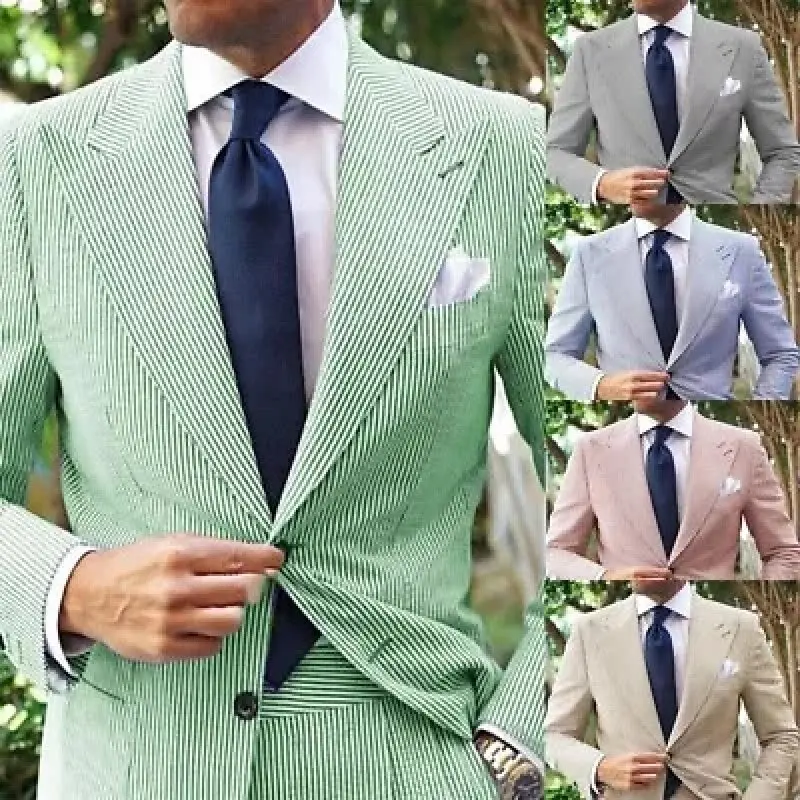 

Seersucker Men Suits 2 Pcs Wide Peak Lapel Wedding Beach Leisure Summer Tuxedos