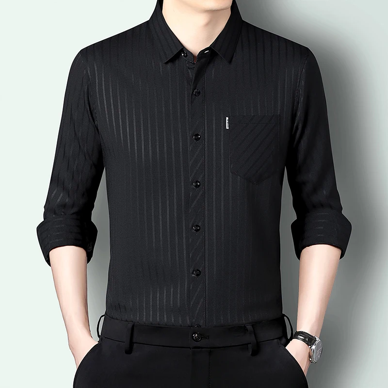 

Мужские рубашки из полиэстера и вискозы, шелковистые эластичные рубашки с длинными рукавами, весеннее качество, полосатые топы с карманами против морщин, сорочка Homme
