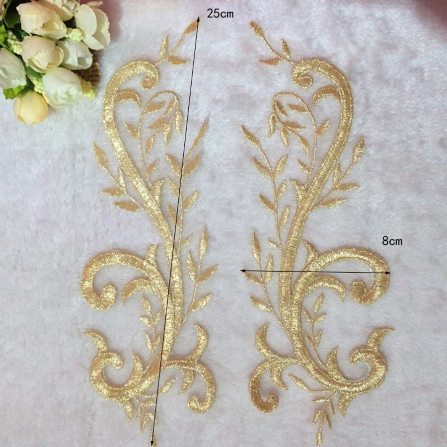1 Paar goldene Spitzenapplikationen, Blumen-Patch, Nähbesatz, Hochzeitsdekoration, Spitzenstoff – Detail 2